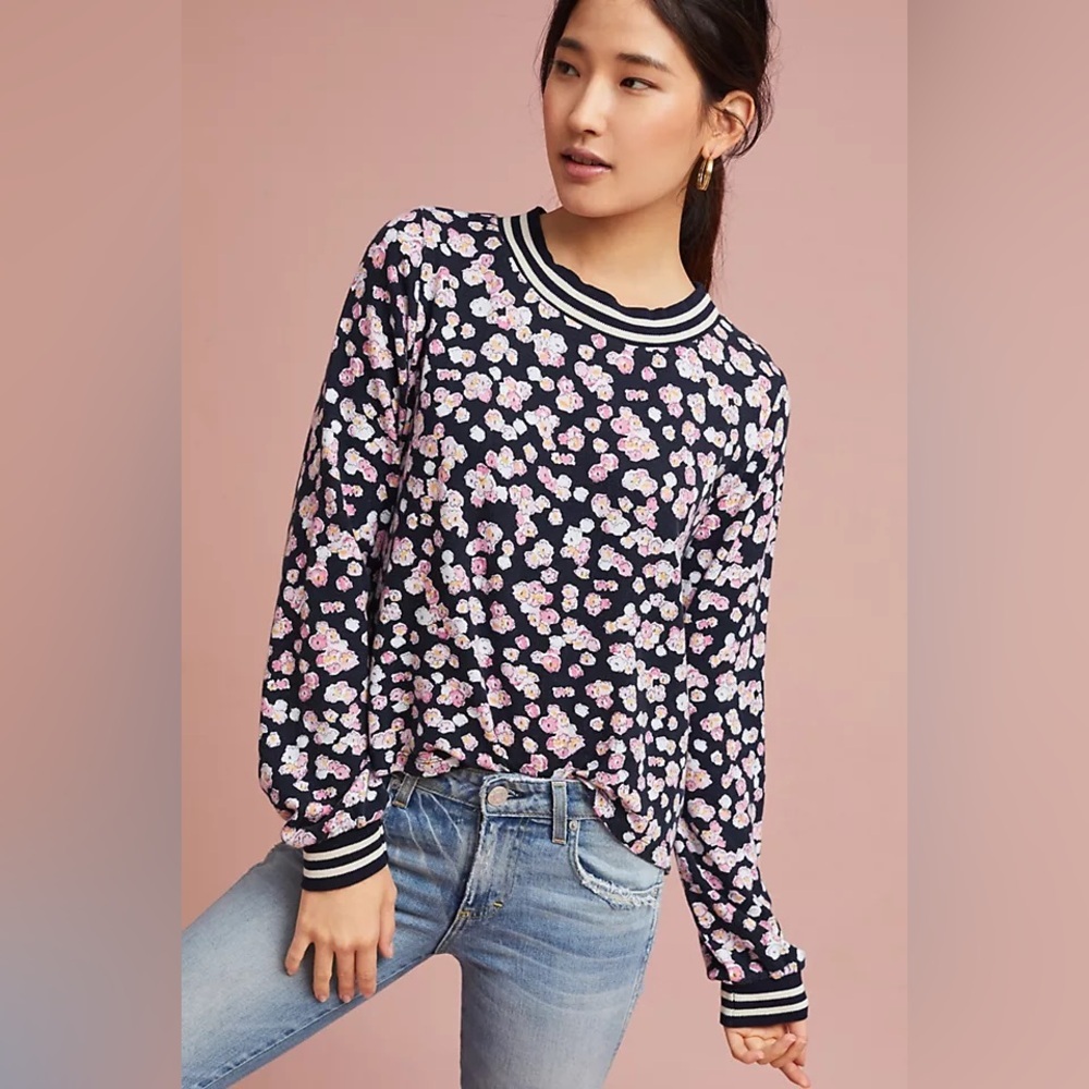 Anthropologie t.La Lena Ribbed-Trim Sweatshirt Kristine Daises Pullover Small